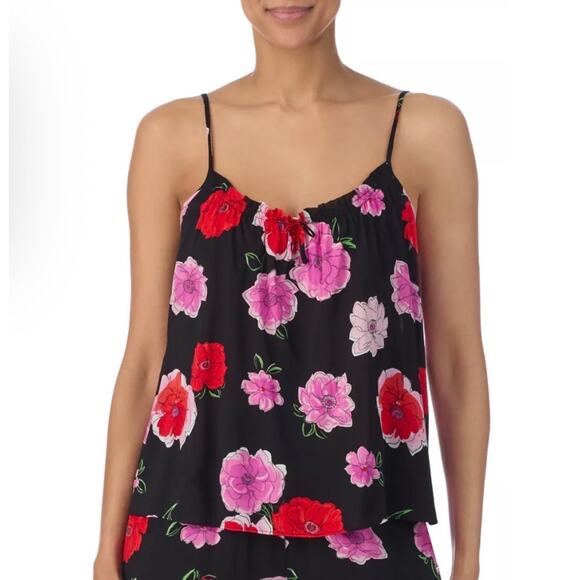 Kensie Floral Sleeveless Tie Front Sleep Cami Top Coquette Black Pink Size L NWT - Picture 2 of 6
